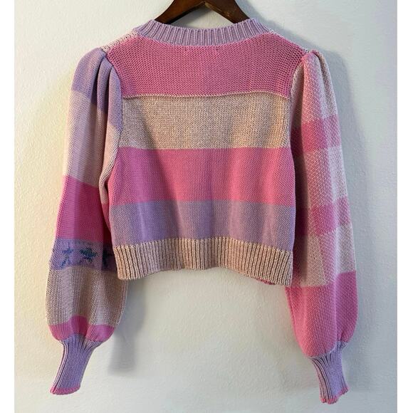 LoveShackFancy NWT Bedford Pink Purple Stripe Cotton Candy Cropped Cardigan M - Picture 5 of 12